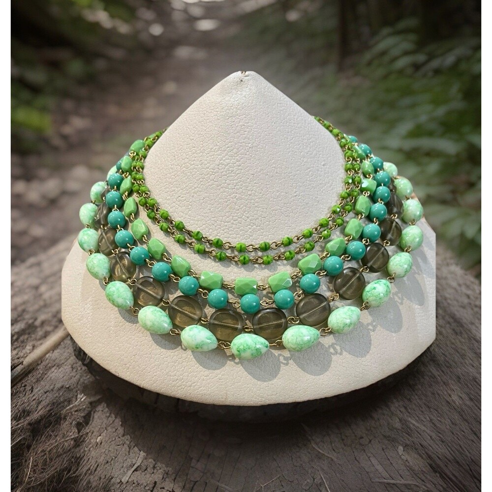 David Aubrey Necklace Glass Beads 6 Strand Faceted Gold Tone Boho Forrest Fairy